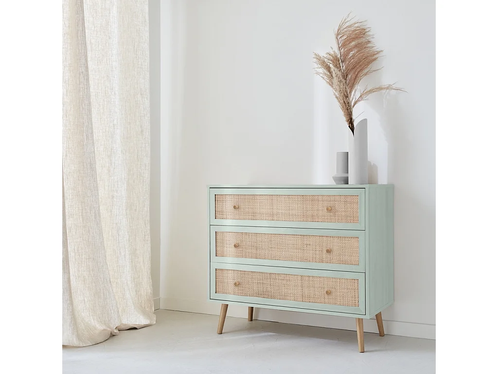 Commode en décor bois vert céladon et cannage 90x39x79cm - Bohème - 3 tiroirs