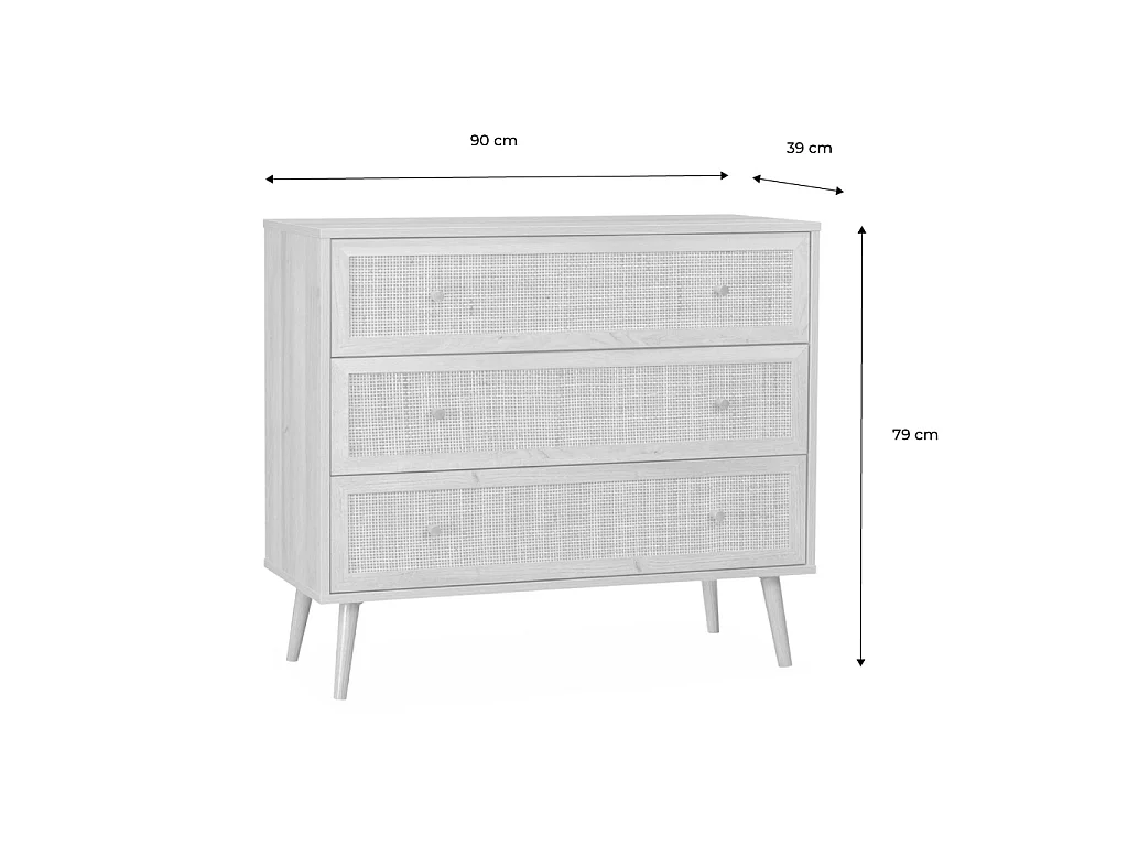 Commode en décor bois vert céladon et cannage 90x39x79cm - Bohème - 3 tiroirs