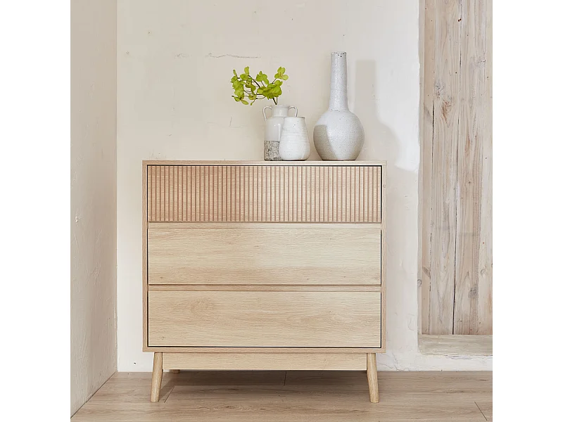 Cómoda con efecto madera, 3 cajones madera clara