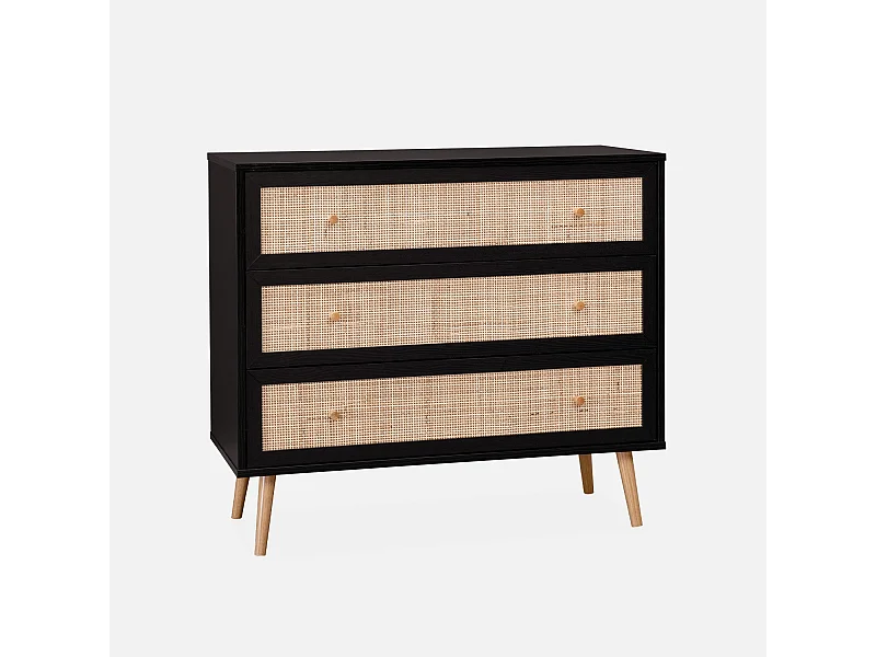 Commode en décor bois noir et cannage 90x39x79cm - Bohème - 3 tiroirs