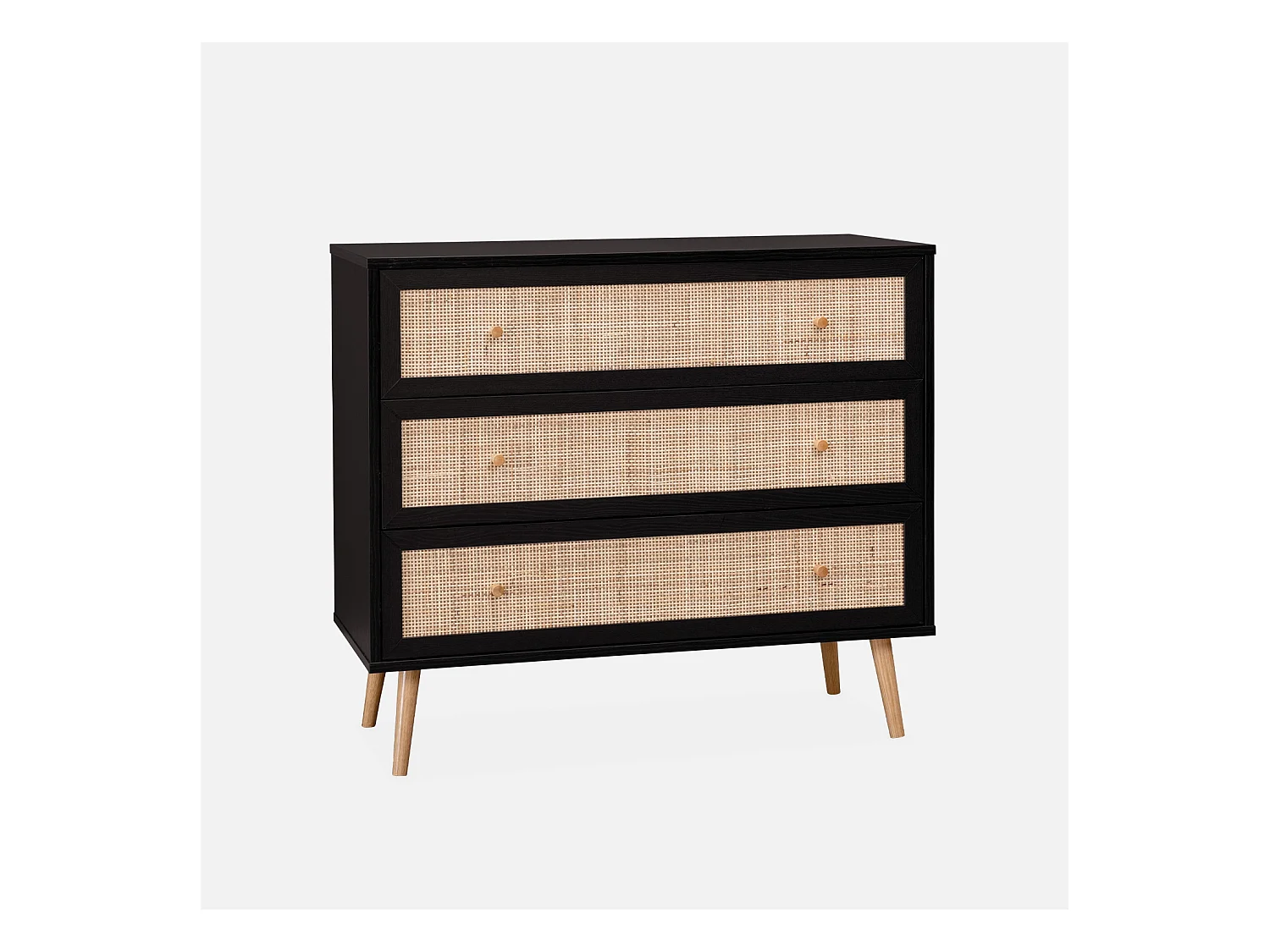 Commode en décor bois noir et cannage 90x39x79cm - Bohème - 3 tiroirs