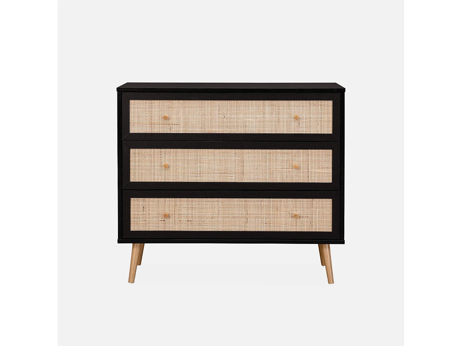 Commode en décor bois noir et cannage 90x39x79cm - Bohème - 3 tiroirs