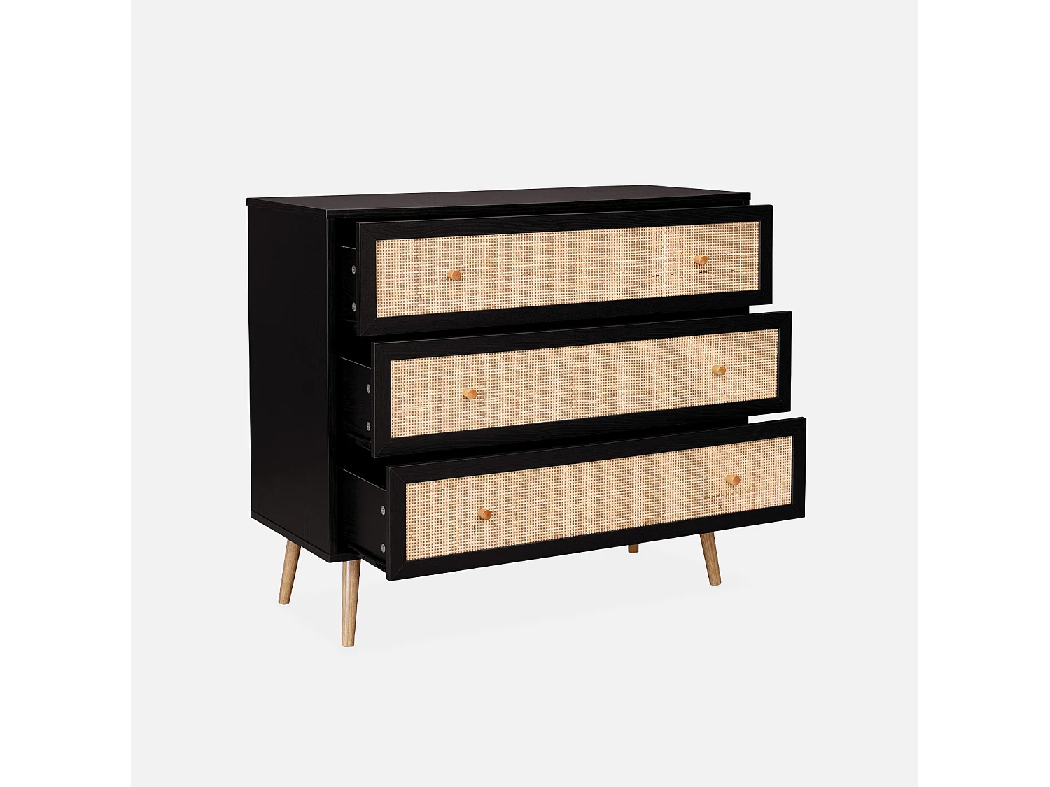 Commode en décor bois noir et cannage 90x39x79cm - Bohème - 3 tiroirs