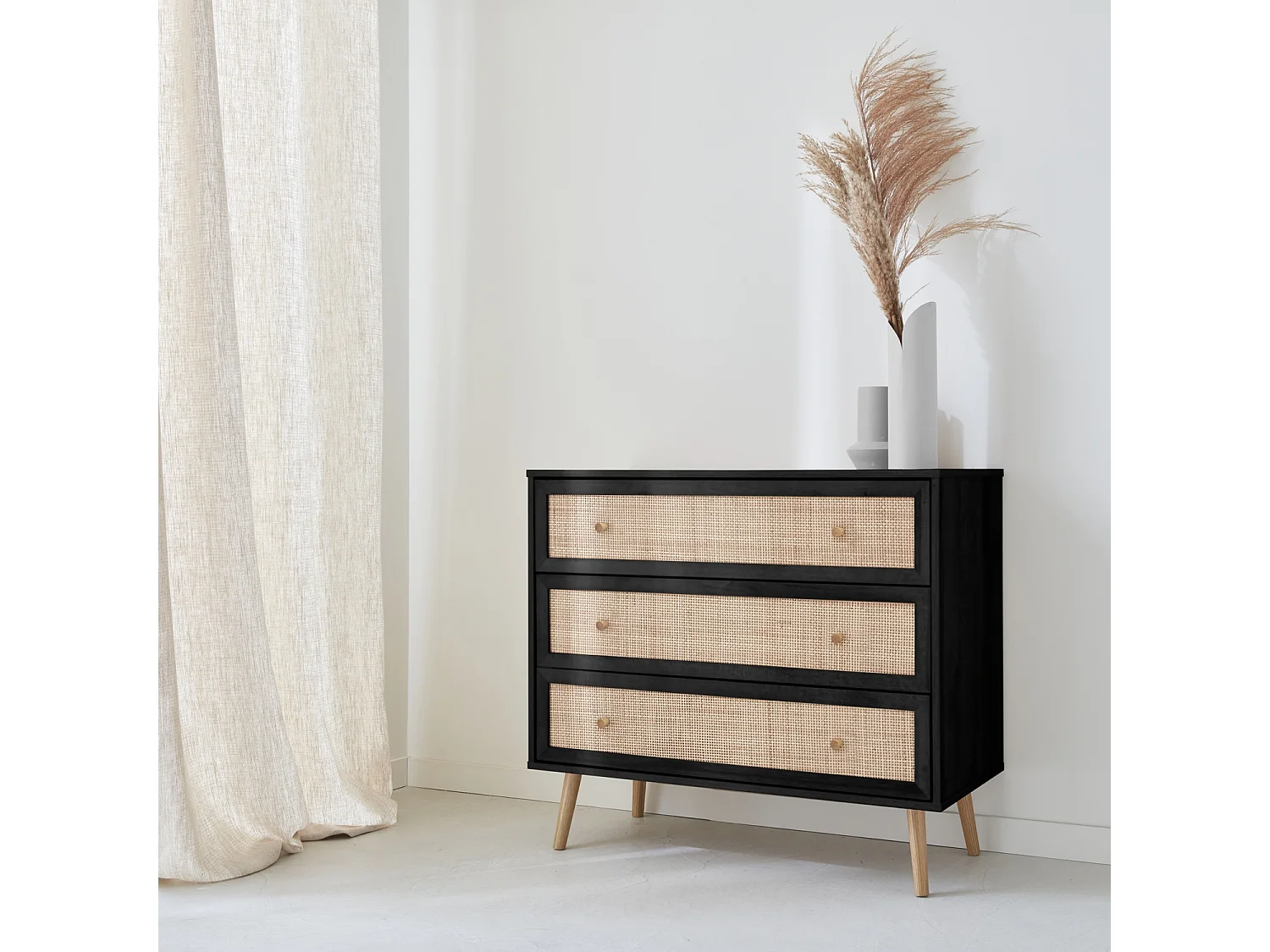 Commode en décor bois noir et cannage 90x39x79cm - Bohème - 3 tiroirs