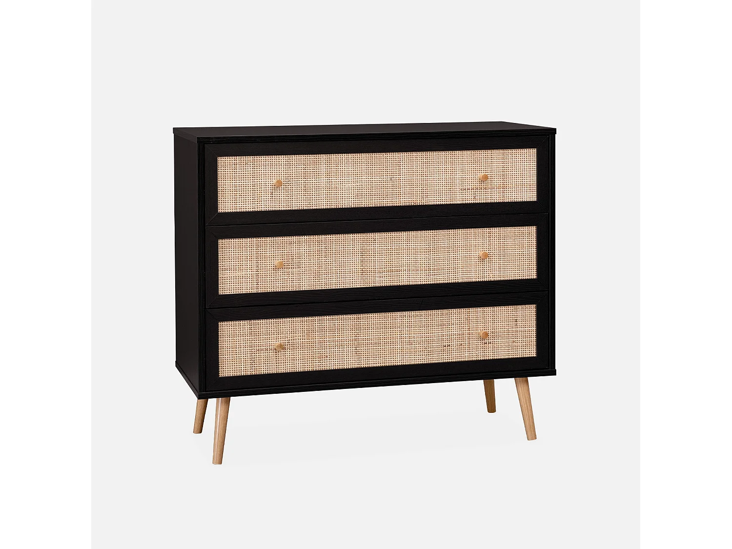Commode en décor bois noir et cannage 90x39x79cm - Bohème - 3 tiroirs