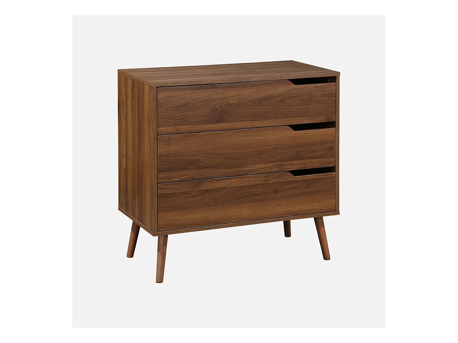 Commode décor bois de noyer. 3 tiroirs. pieds en pin massif