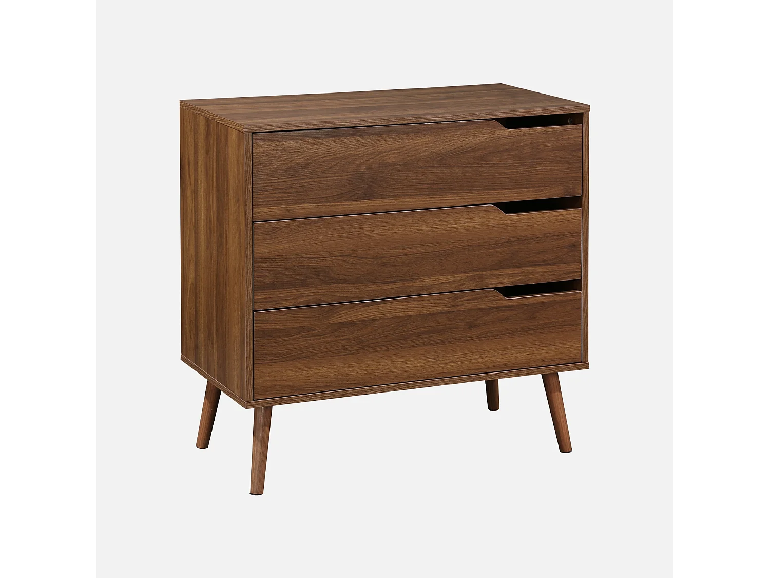 Commode décor bois de noyer. 3 tiroirs. pieds en pin massif
