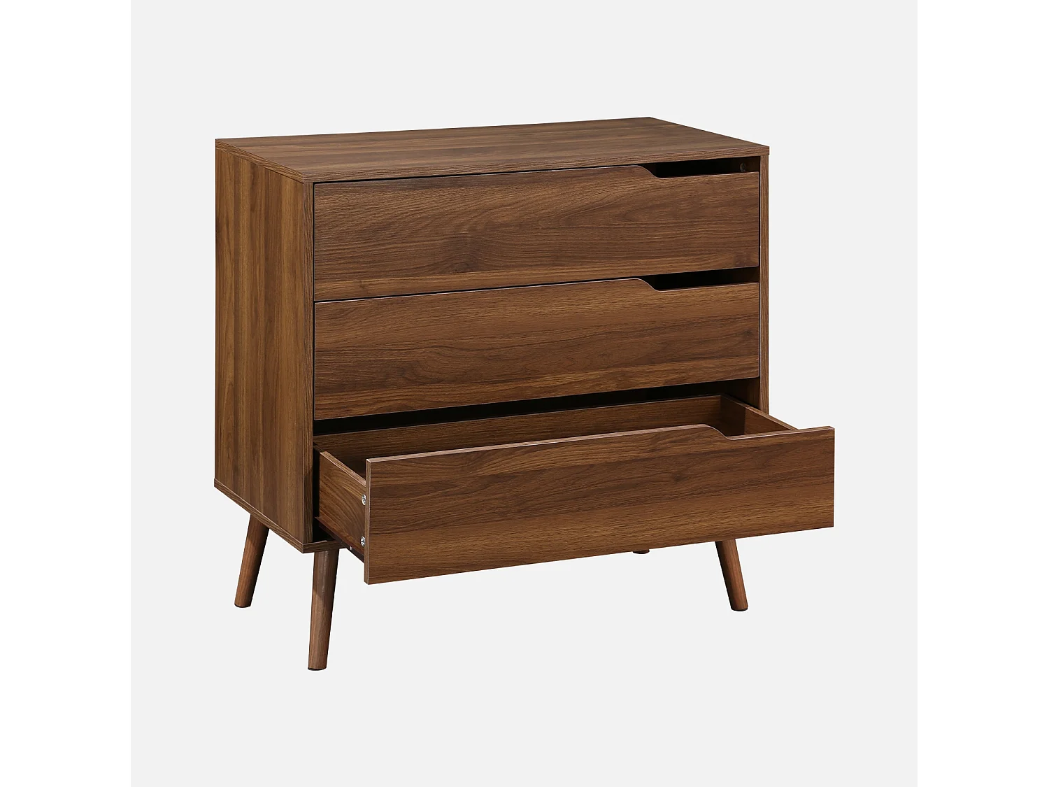 Commode décor bois de noyer. 3 tiroirs. pieds en pin massif