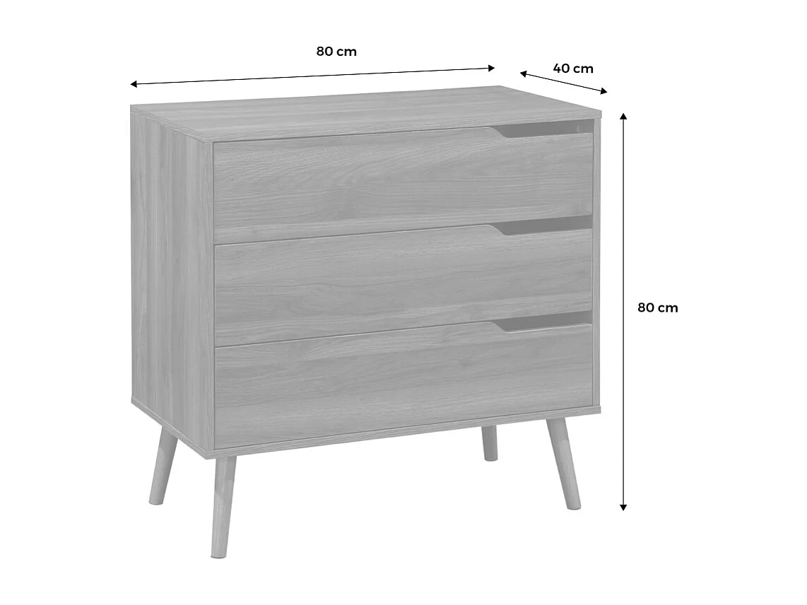 Commode décor bois de noyer. 3 tiroirs. pieds en pin massif