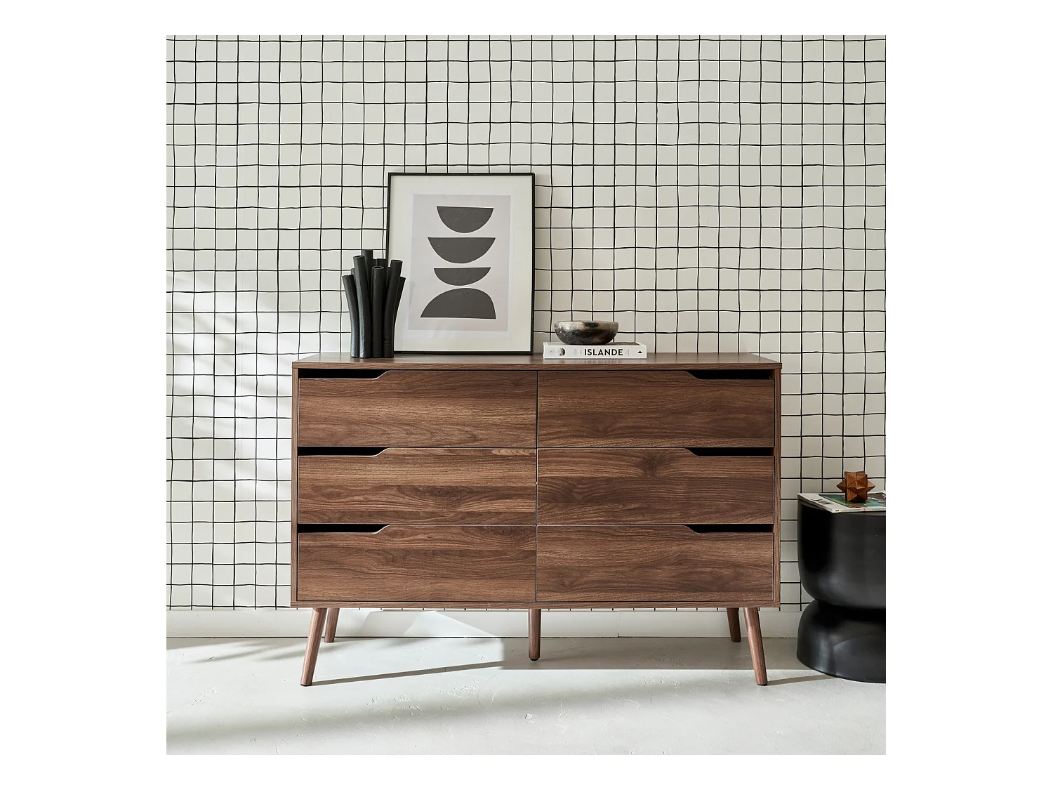Commode décor bois de noyer. 6 tiroirs. pieds en pin massif