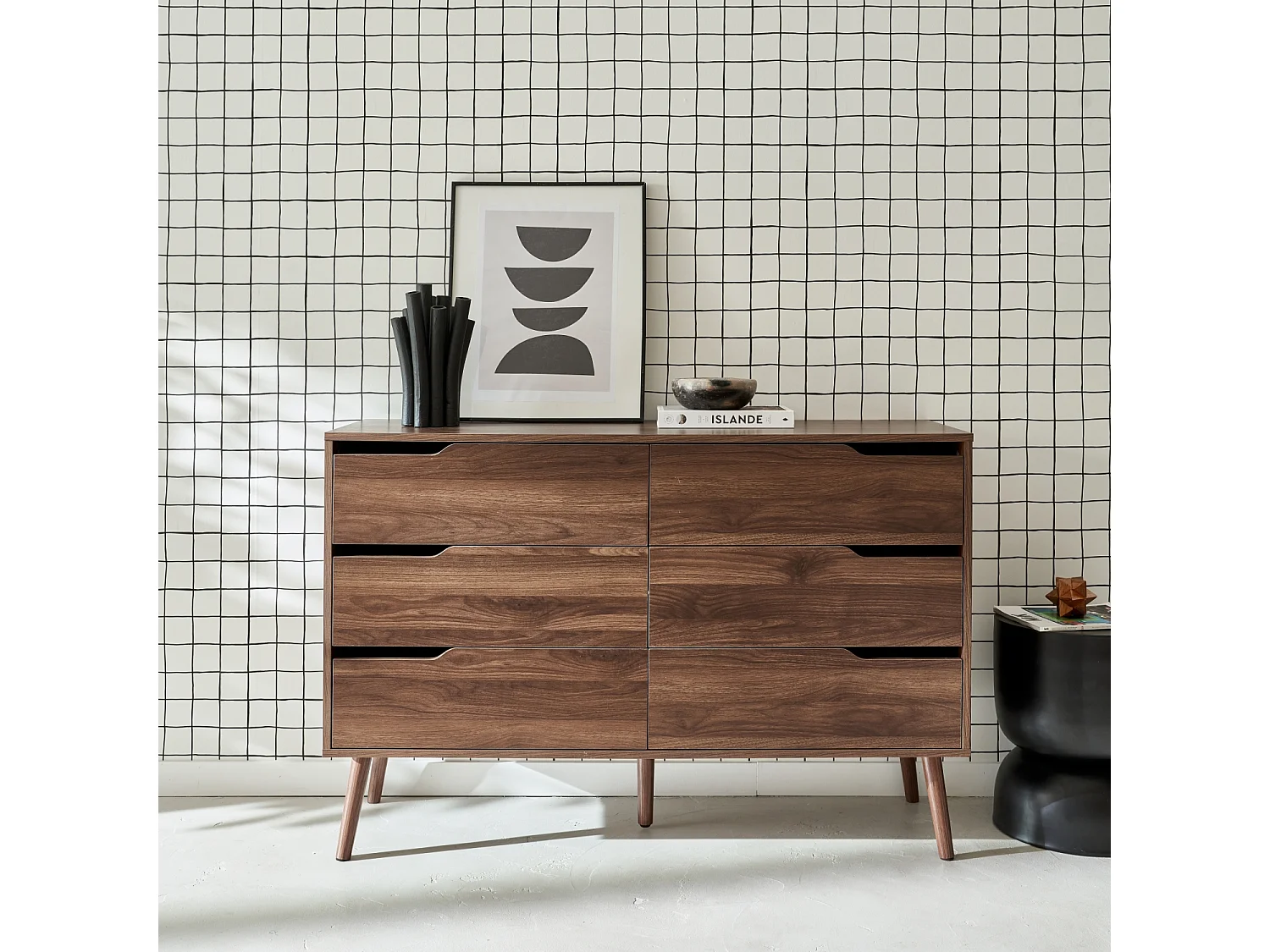 Cassettiera effetto legno, 6 cassetti, noce