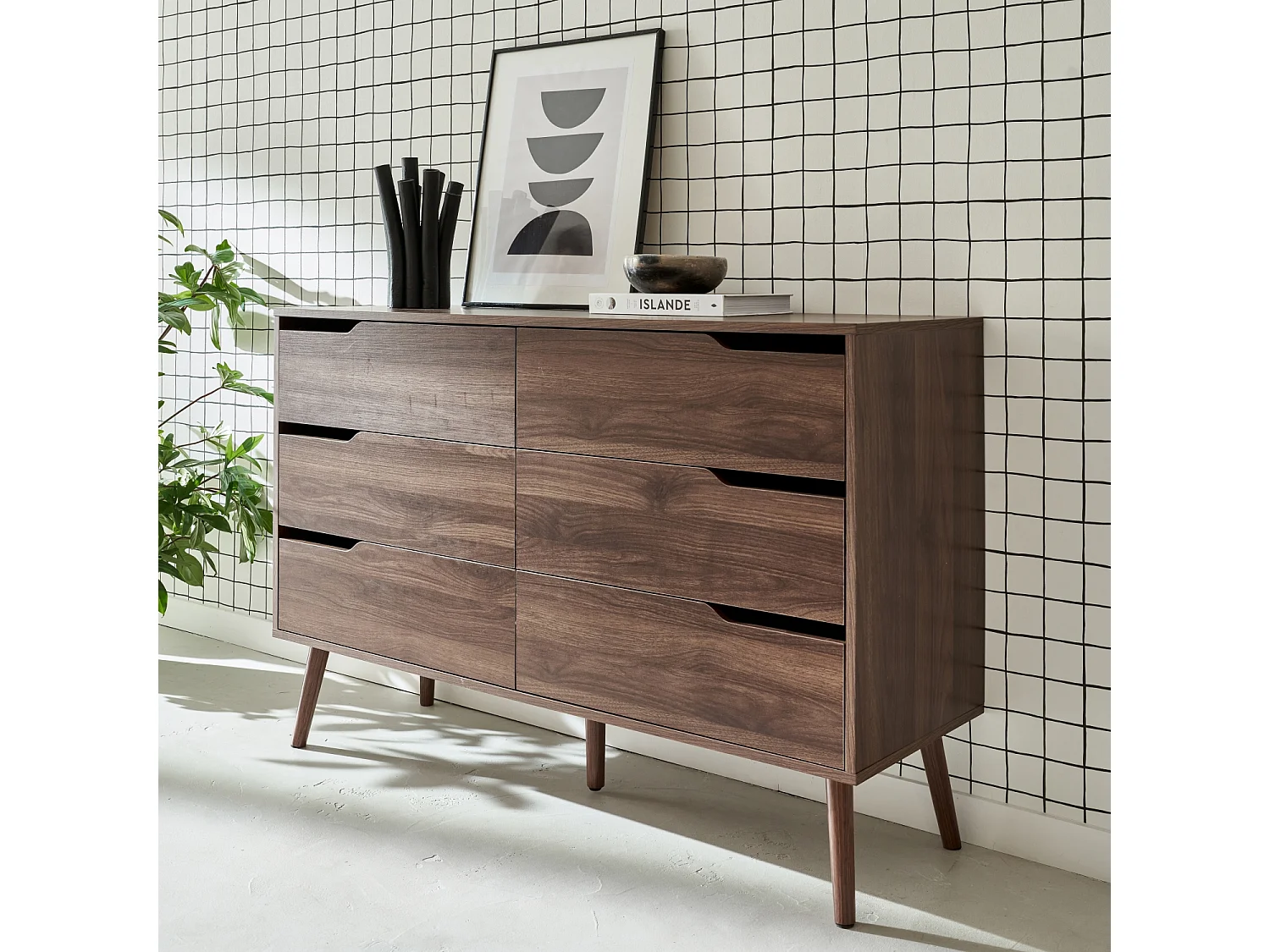 Cassettiera effetto legno, 6 cassetti, noce