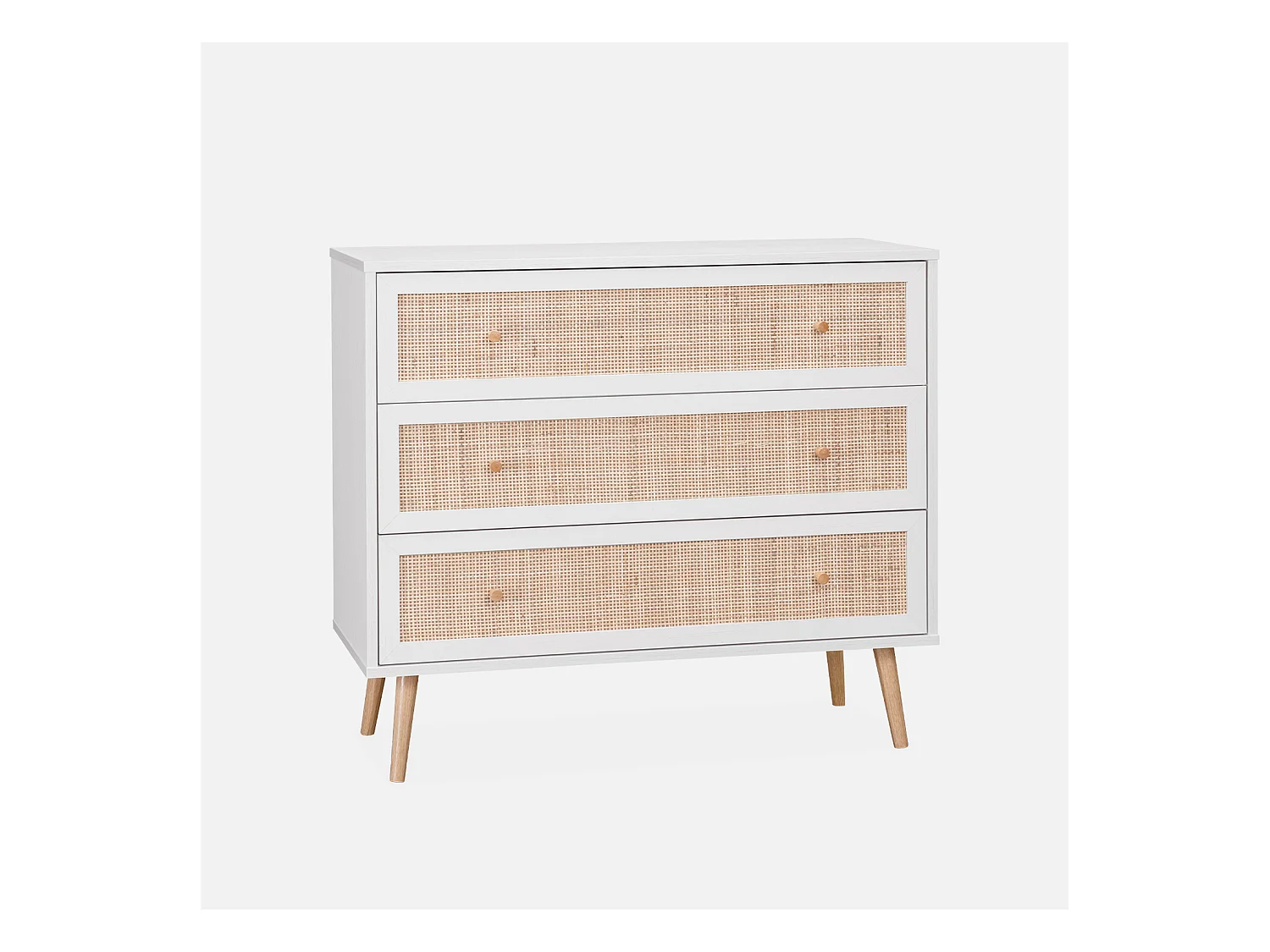 Commode en décor bois blanc et cannage 90x39x79cm - Bohème - 3 tiroirs