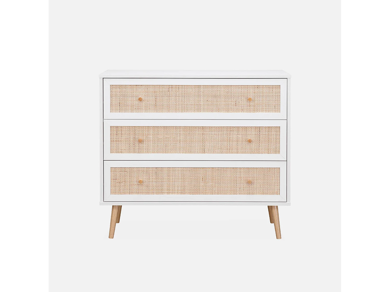 Commode en décor bois blanc et cannage 90x39x79cm - Bohème - 3 tiroirs