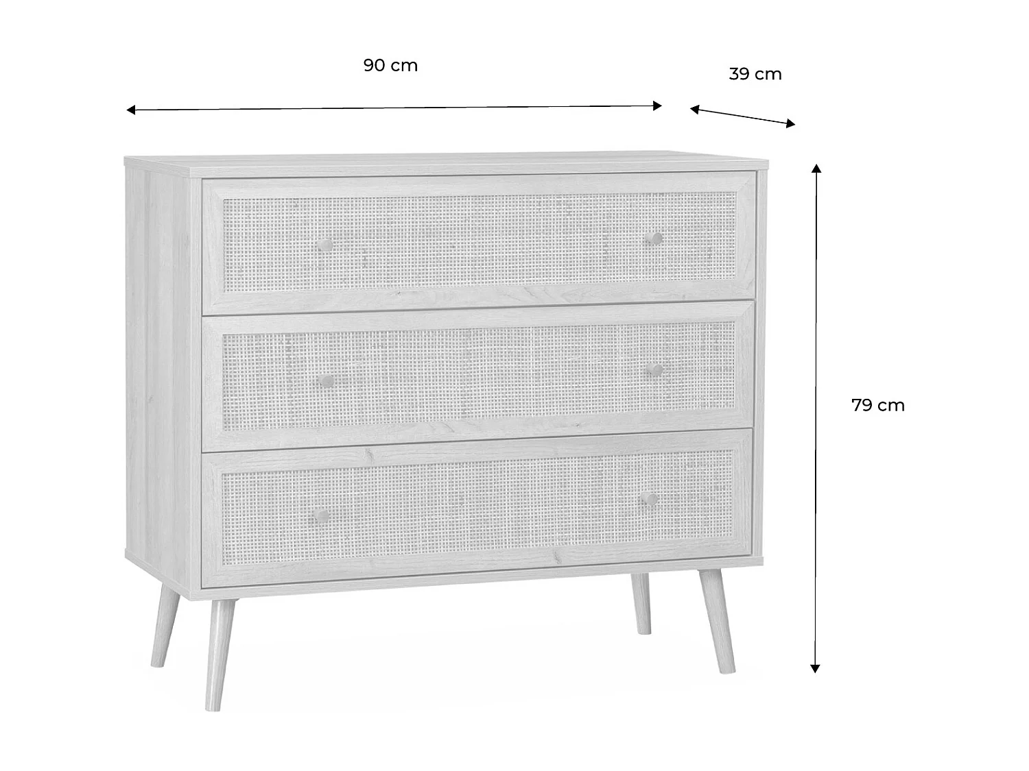 Commode en décor bois blanc et cannage 90x39x79cm - Bohème - 3 tiroirs