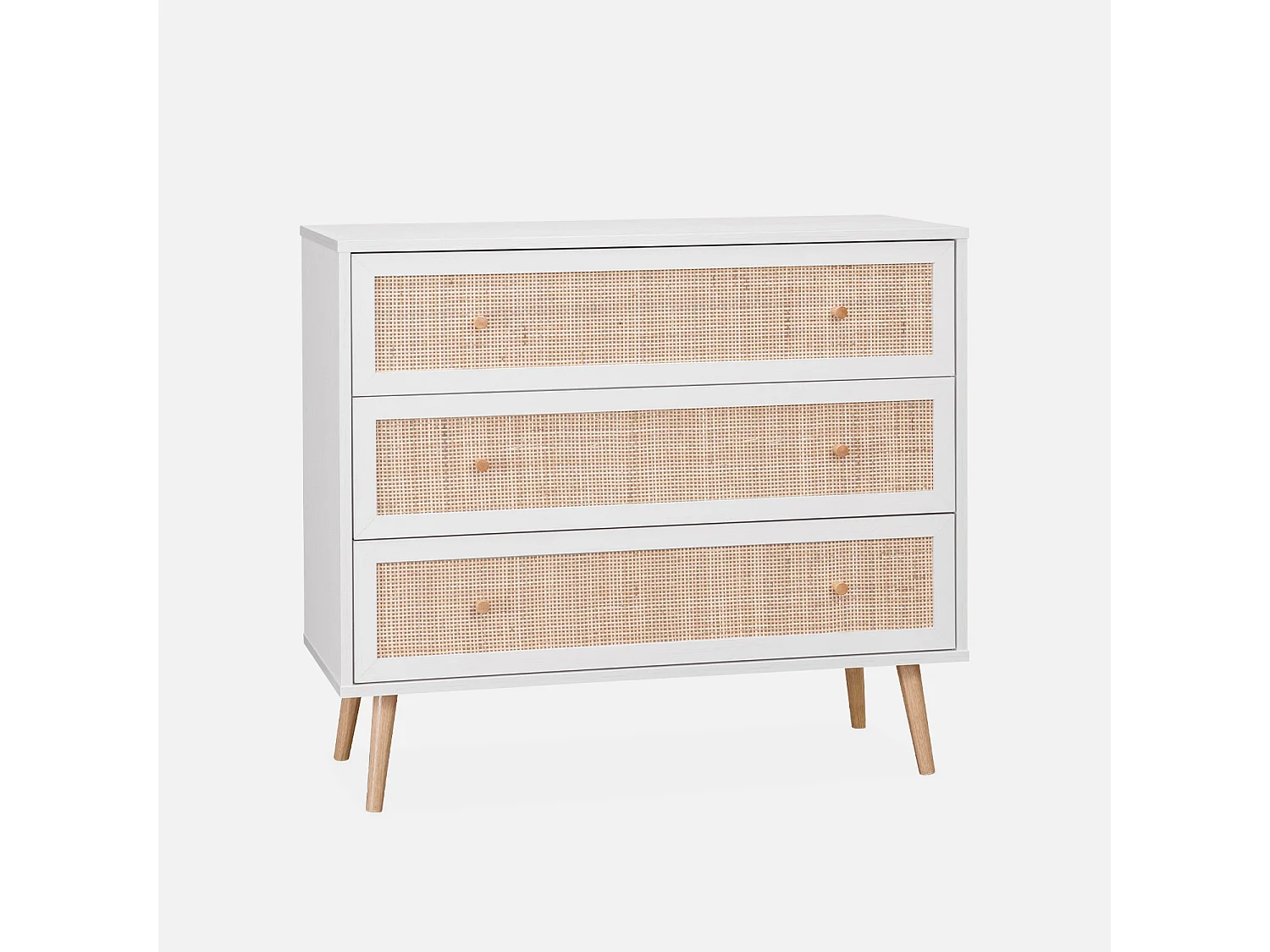 Commode en décor bois blanc et cannage 90x39x79cm - Bohème - 3 tiroirs