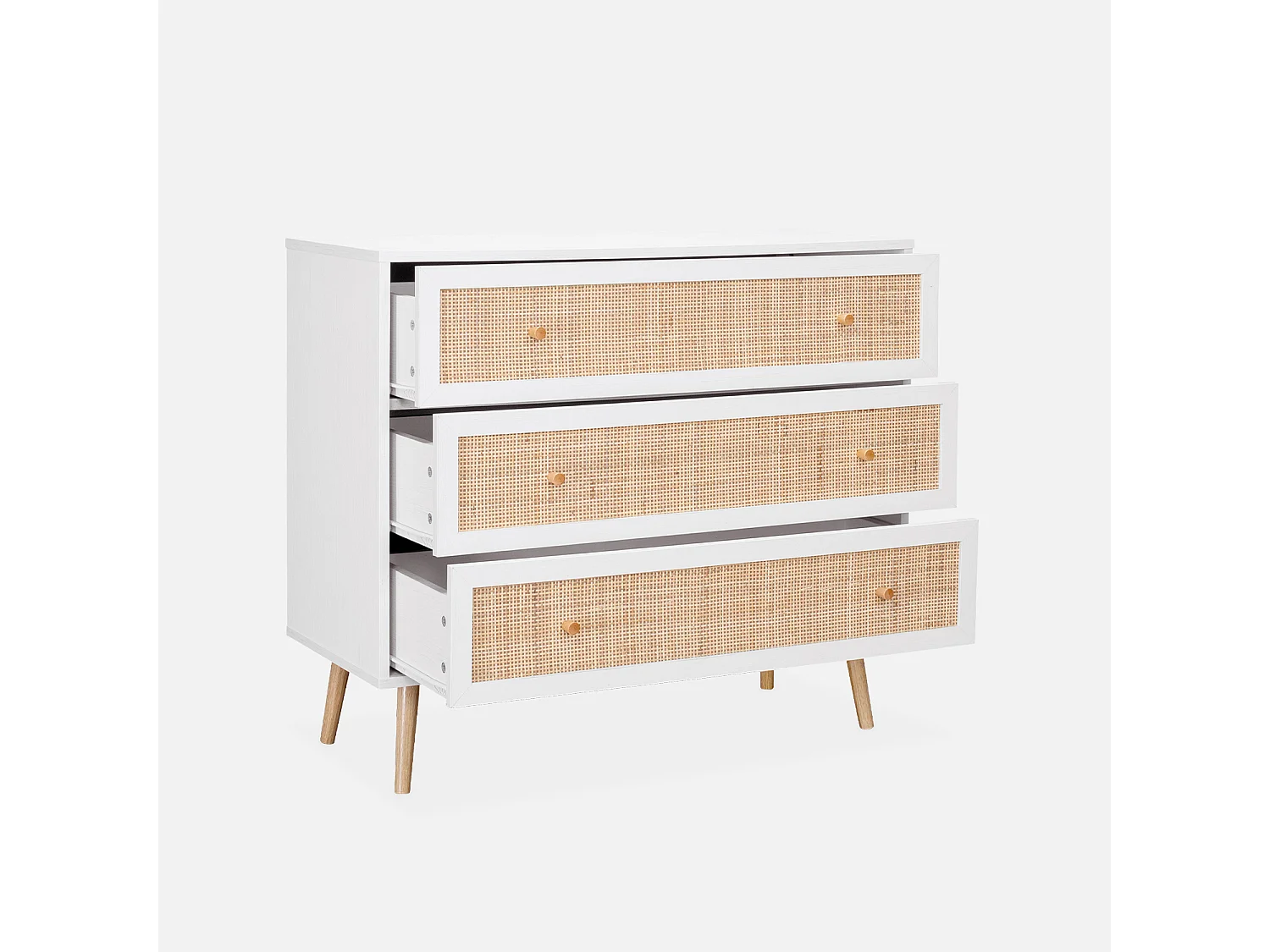 Commode en décor bois blanc et cannage 90x39x79cm - Bohème - 3 tiroirs