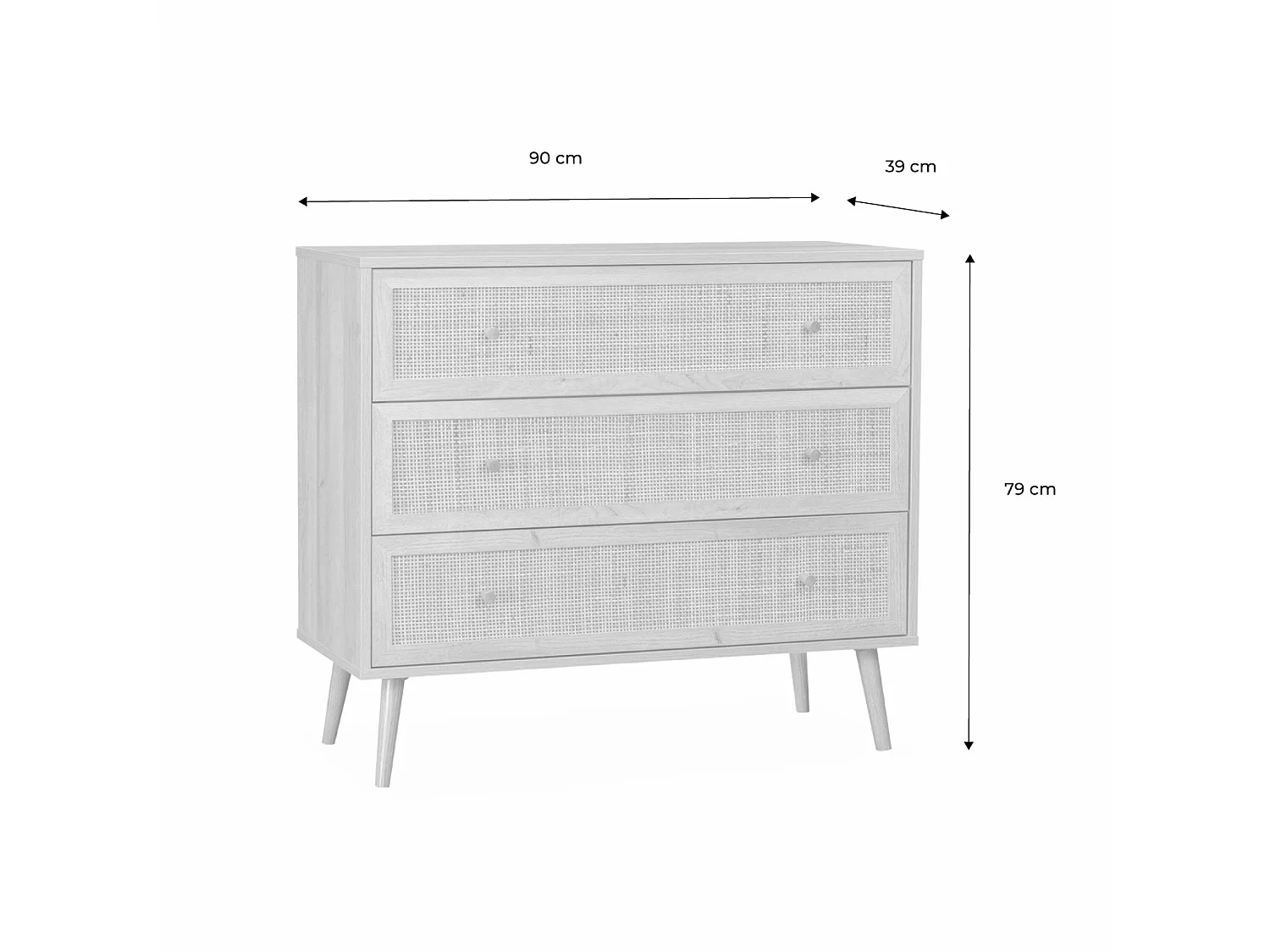 Commode en décor bois blanc et cannage 90x39x79cm - Bohème - 3 tiroirs