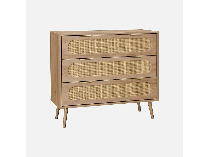 Cómoda con efecto madera y caña redondeada, 3 cajones natural