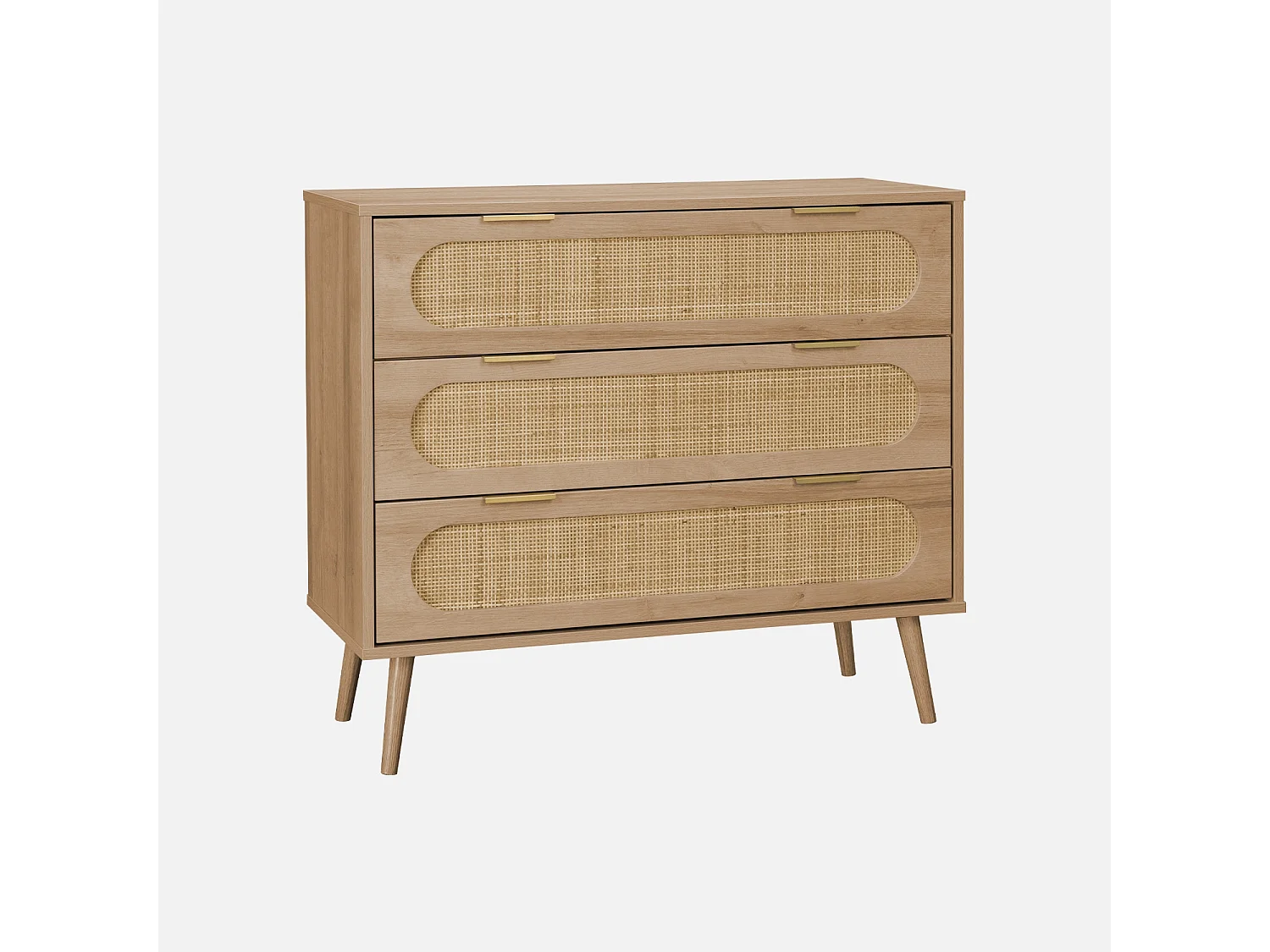 Cassettiera in legno e canna intrecciata, 3 cassetti, naturale