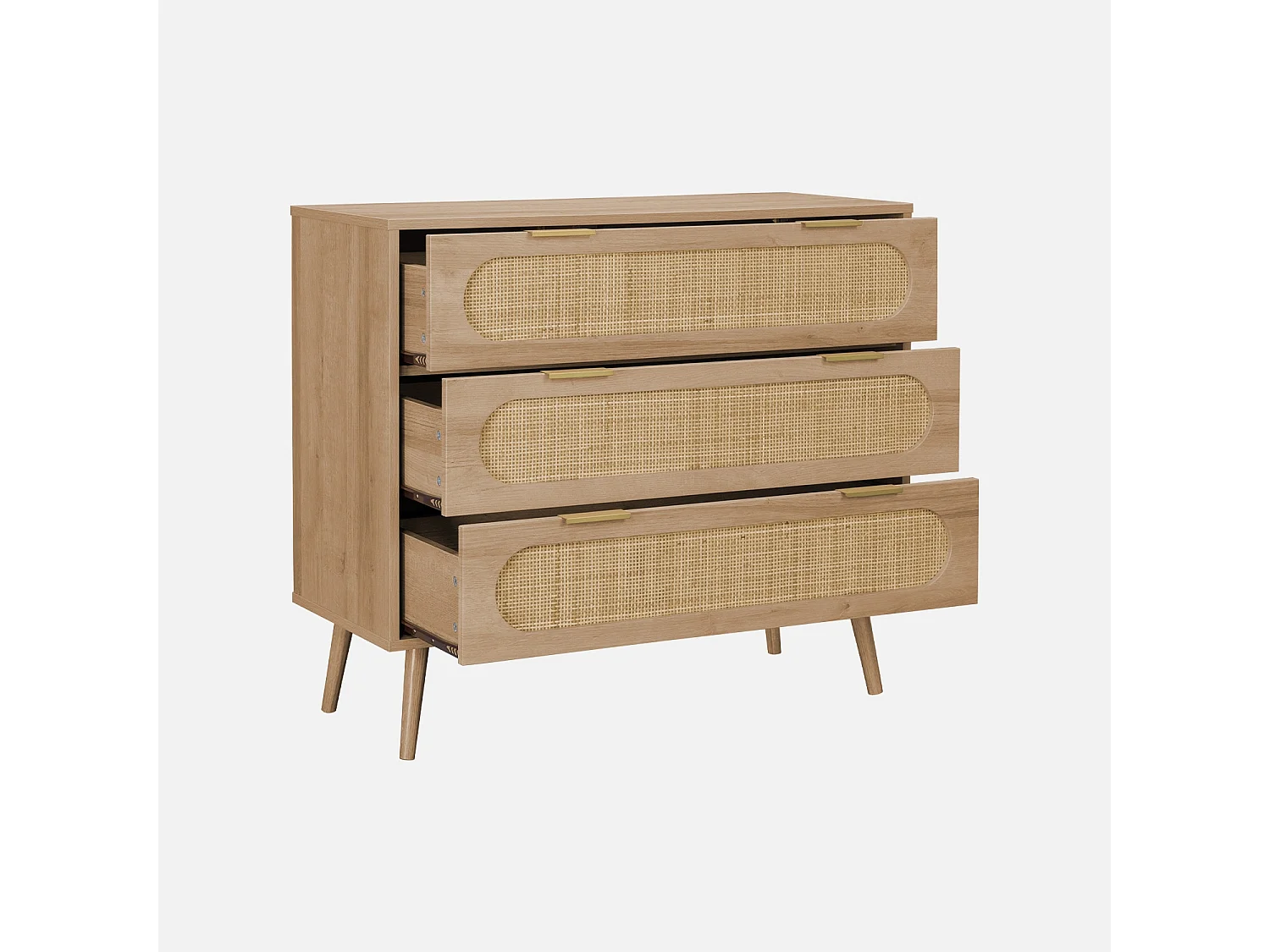 Cassettiera in legno e canna intrecciata, 3 cassetti, marrone naturale