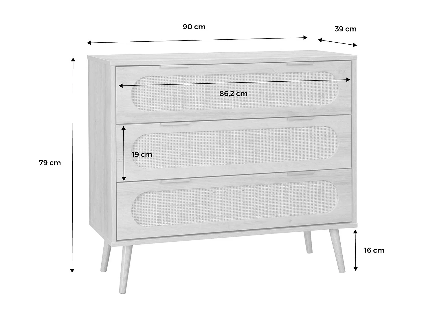 Commode. Eva. décor bois et cannage arrondi. 3 tiroirs L 90 x l 39 x H 79cm
