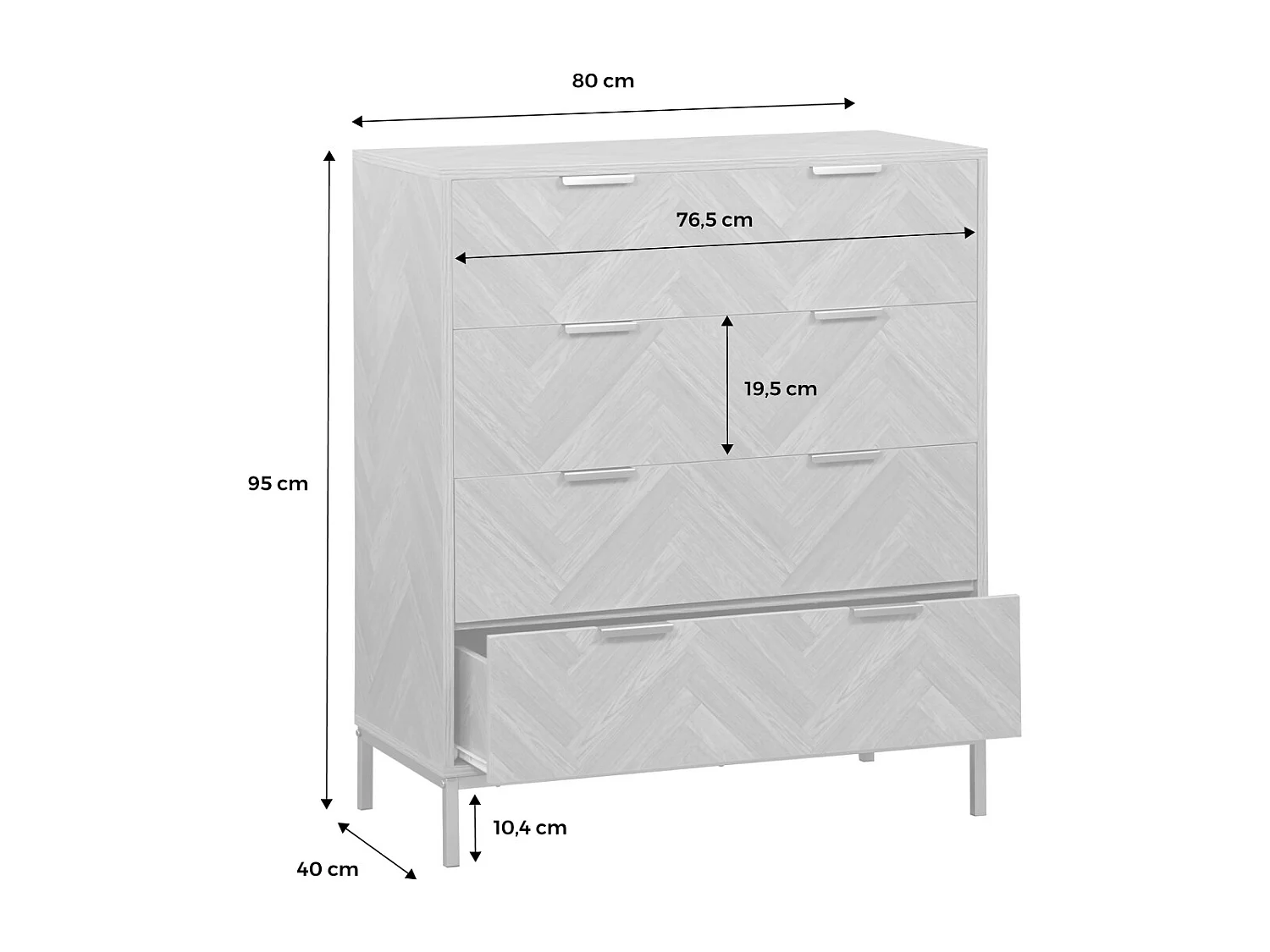 Commode Budapest. quatre tiroirs. décor chevrons L 80 x l 40 x H 95cm