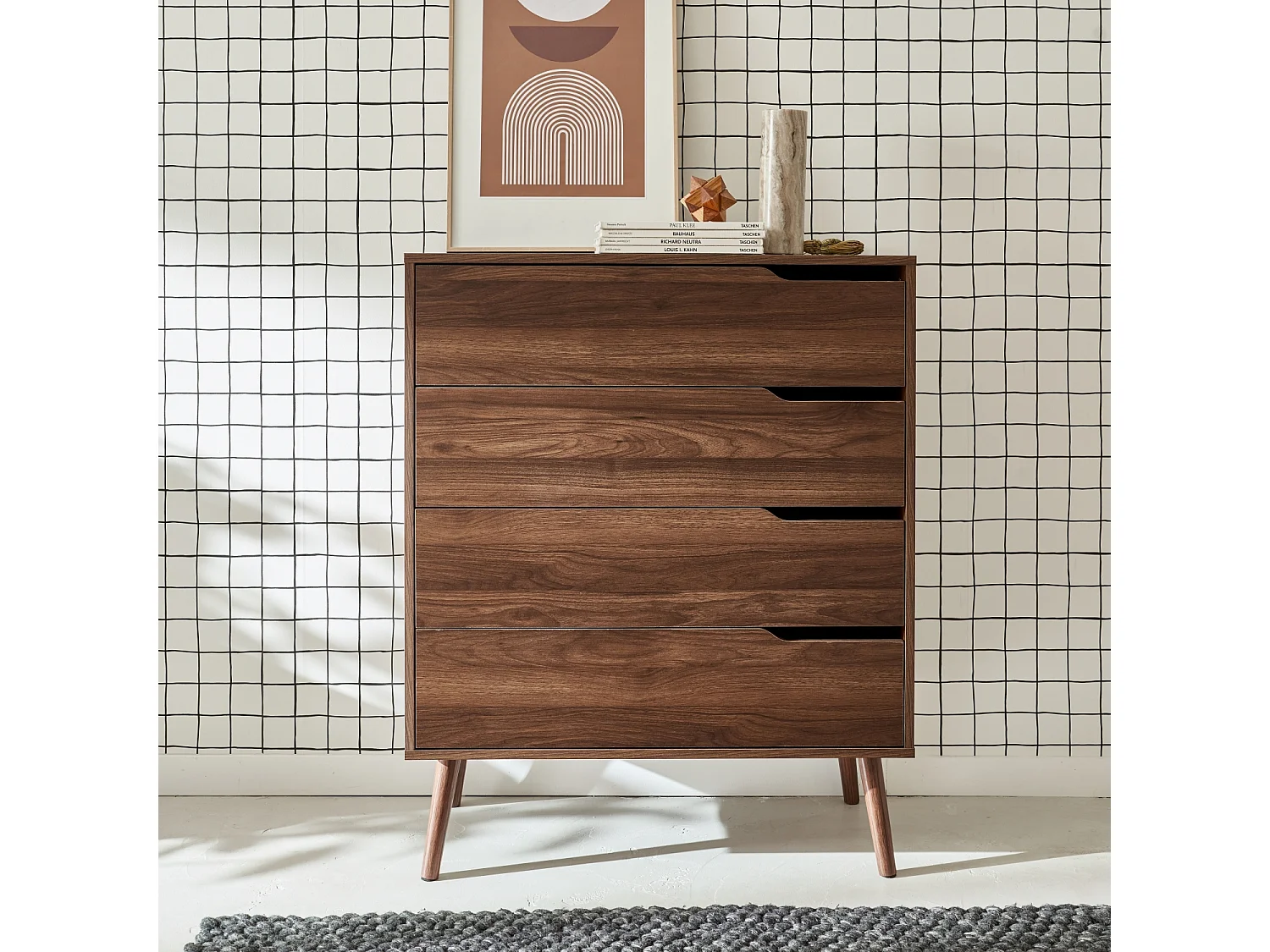 Cassettiera effetto legno, 4 cassetti, marrone