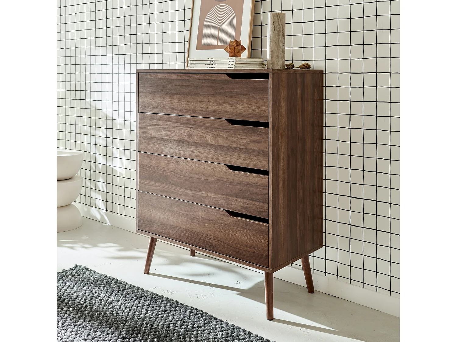 Cassettiera effetto legno, 4 cassetti, marrone