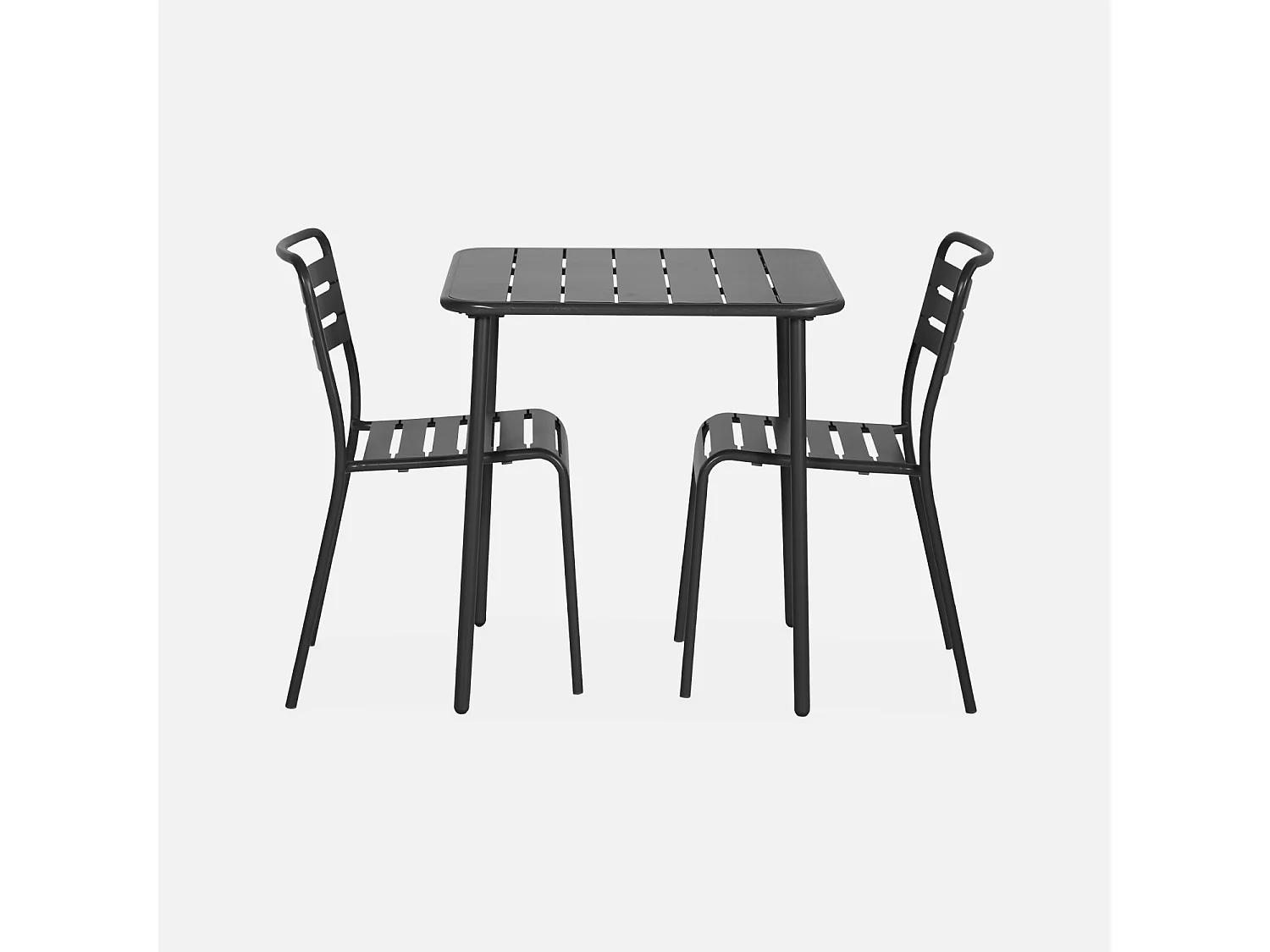 Table de jardin métal + 2 assises anthracite Amélia. lattes et bords arrondis. traitement antirouille