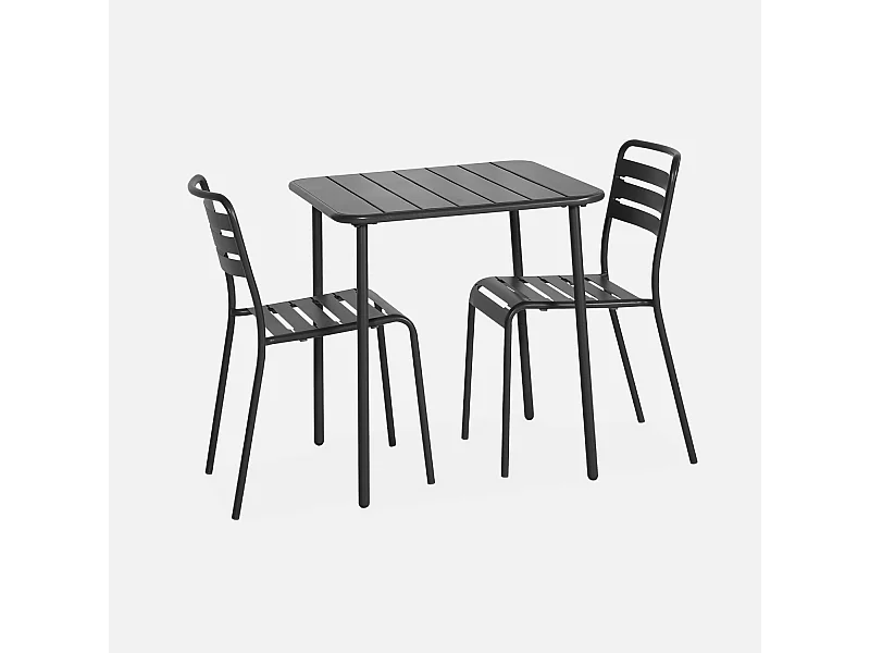 Table de jardin métal + 2 assises anthracite Amélia. lattes et bords arrondis. traitement antirouille