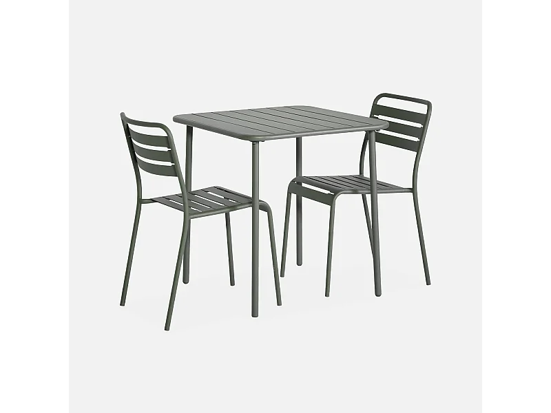 Table de jardin métal + 2 assises kaki Amélia. lattes et bords arrondis. traitement antirouille