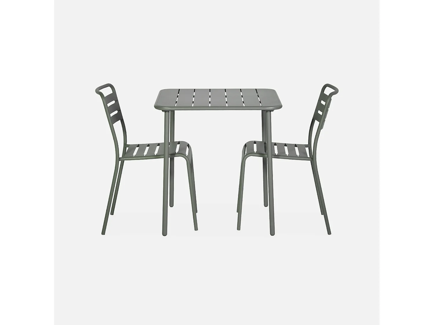 Table de jardin métal + 2 assises kaki Amélia. lattes et bords arrondis. traitement antirouille