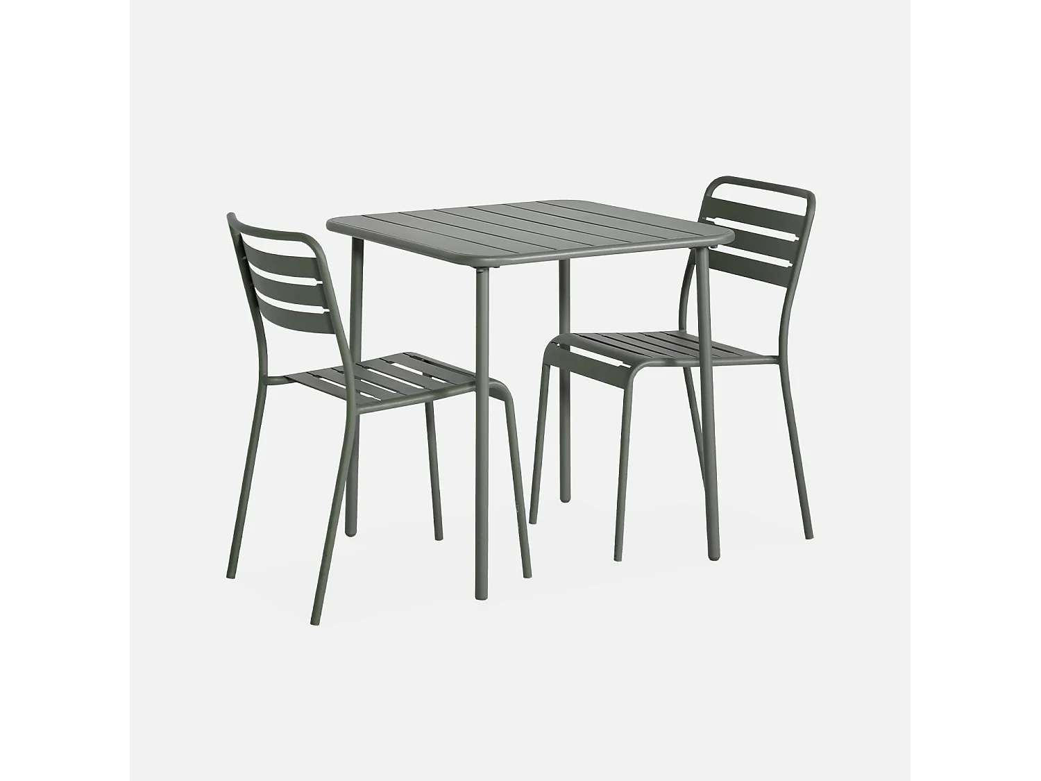 Table de jardin métal + 2 assises kaki Amélia. lattes et bords arrondis. traitement antirouille