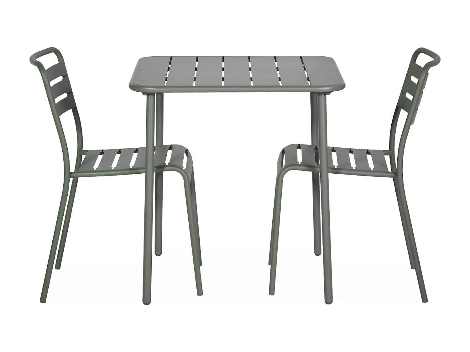 Table de jardin métal + 2 assises kaki Amélia. lattes et bords arrondis. traitement antirouille