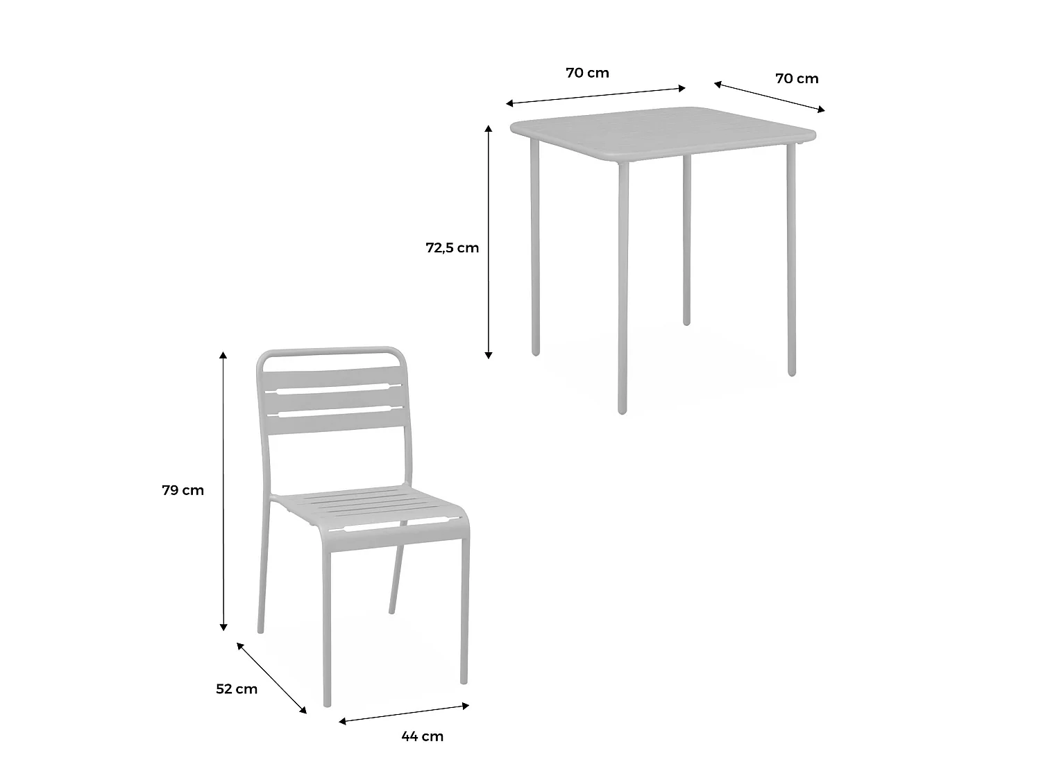 Table de jardin métal + 2 assises kaki Amélia. lattes et bords arrondis. traitement antirouille