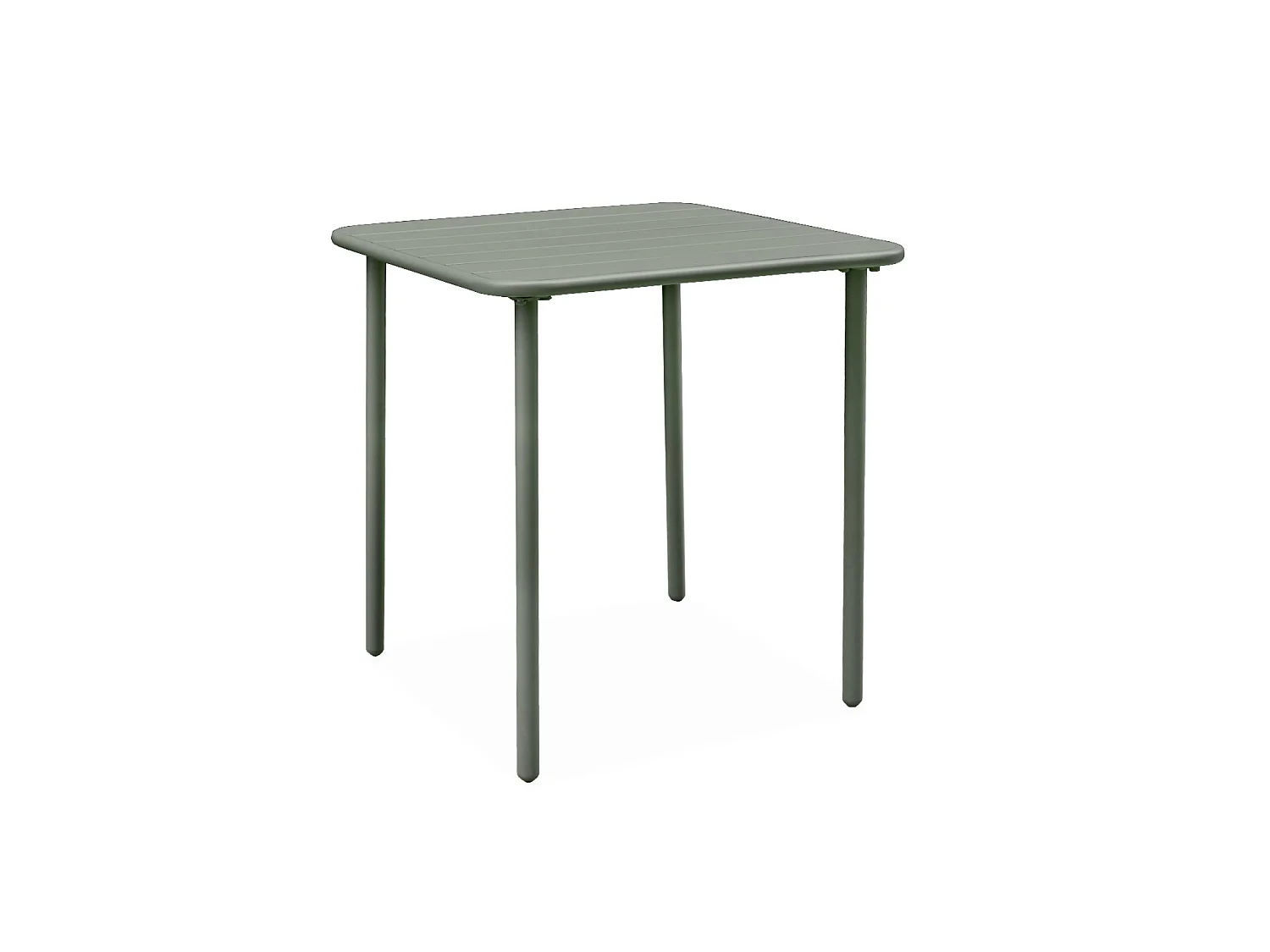 Table de jardin métal + 2 assises kaki Amélia. lattes et bords arrondis. traitement antirouille
