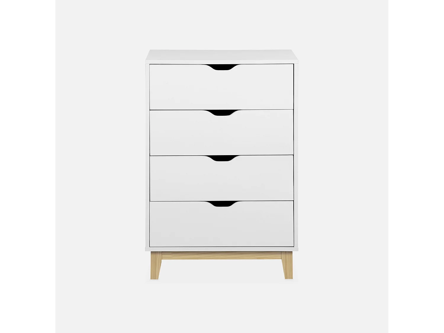 Cassettiera effetto legno con gambe in legno 4 cassetti, bianco