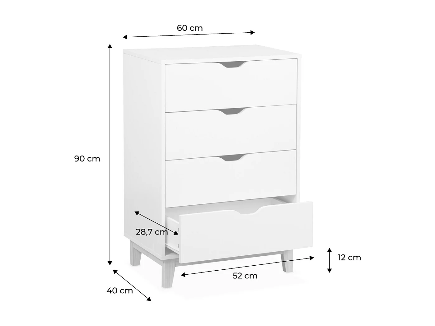Cassettiera effetto legno con gambe in legno 4 cassetti, bianco