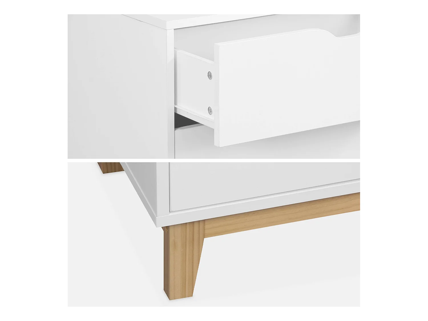 Cassettiera effetto legno con gambe in legno 4 cassetti, bianco