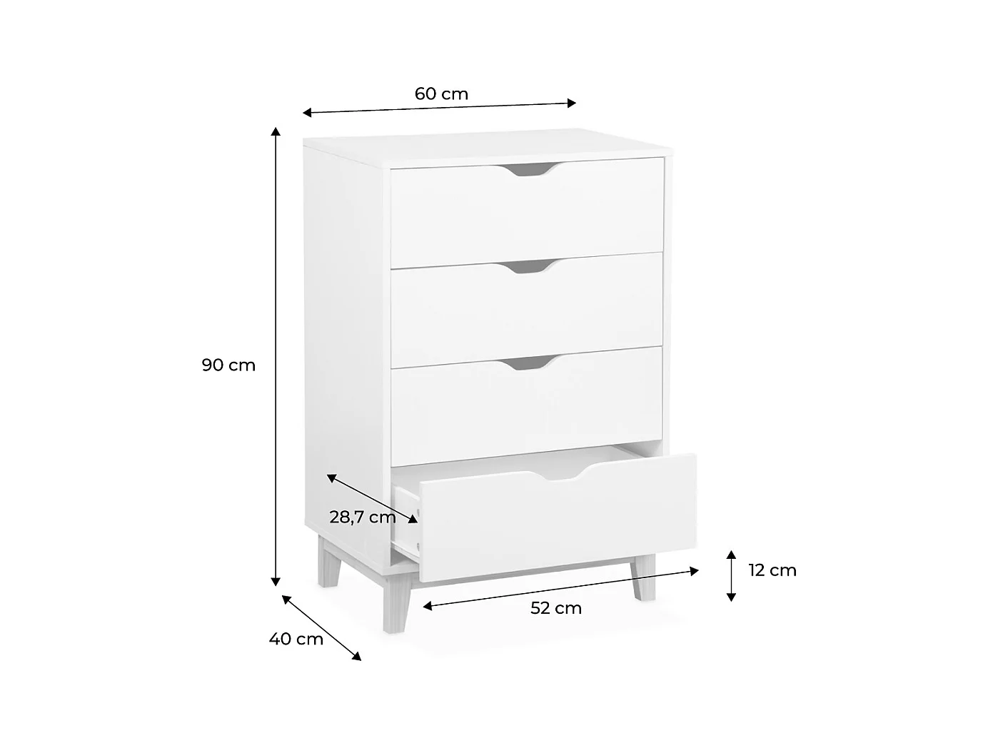 Cassettiera effetto legno con gambe in legno 4 cassetti, bianco
