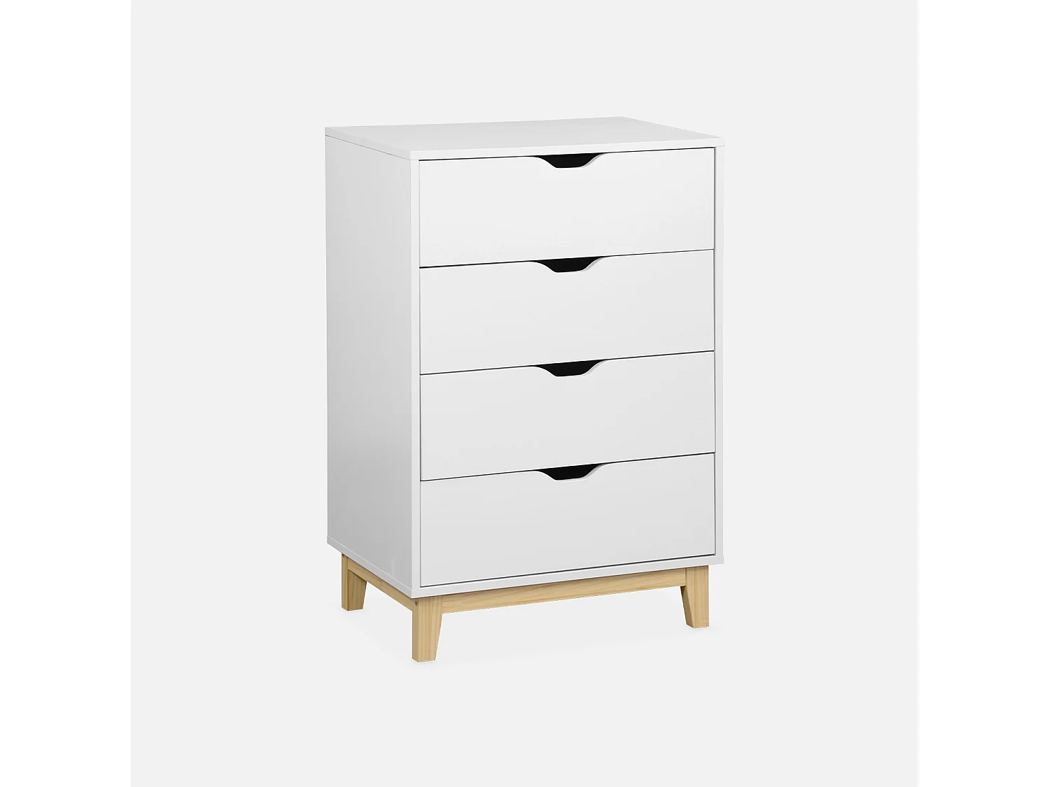 Cassettiera effetto legno con gambe in legno 4 cassetti, bianco