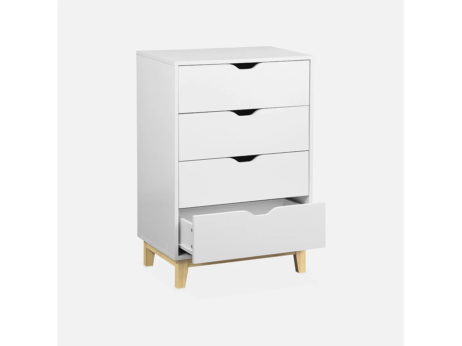 Cassettiera effetto legno con gambe in legno 4 cassetti, bianco