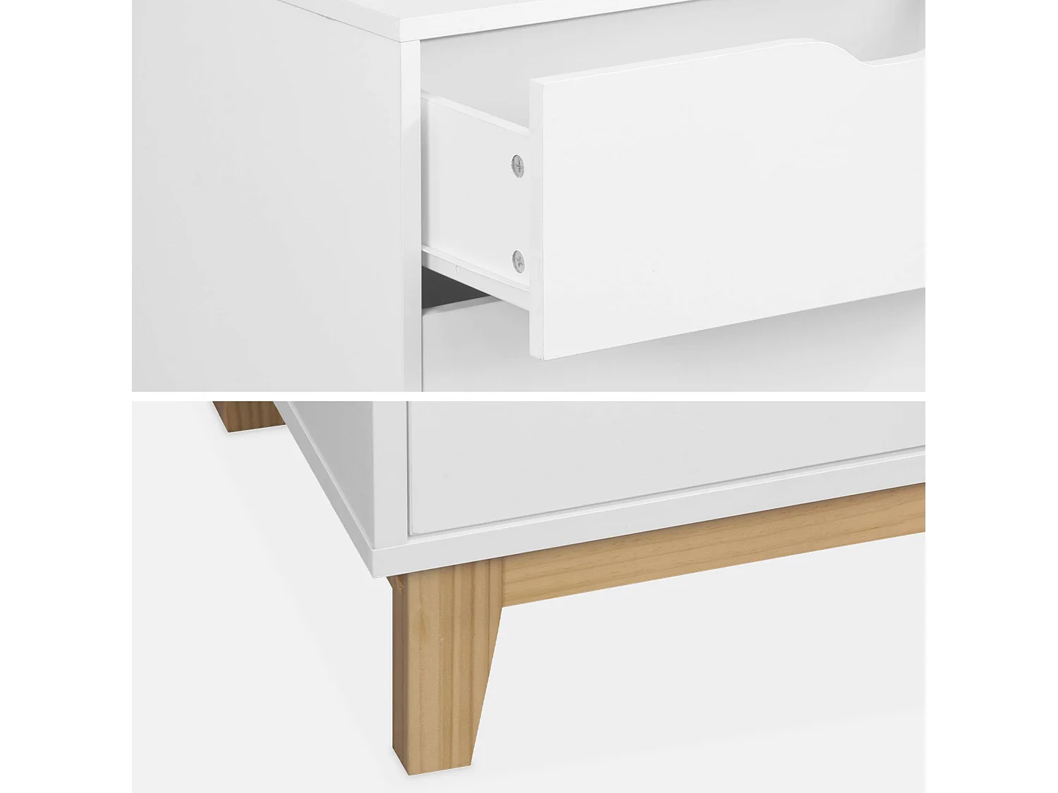 Cassettiera effetto legno con gambe in legno 4 cassetti, bianco