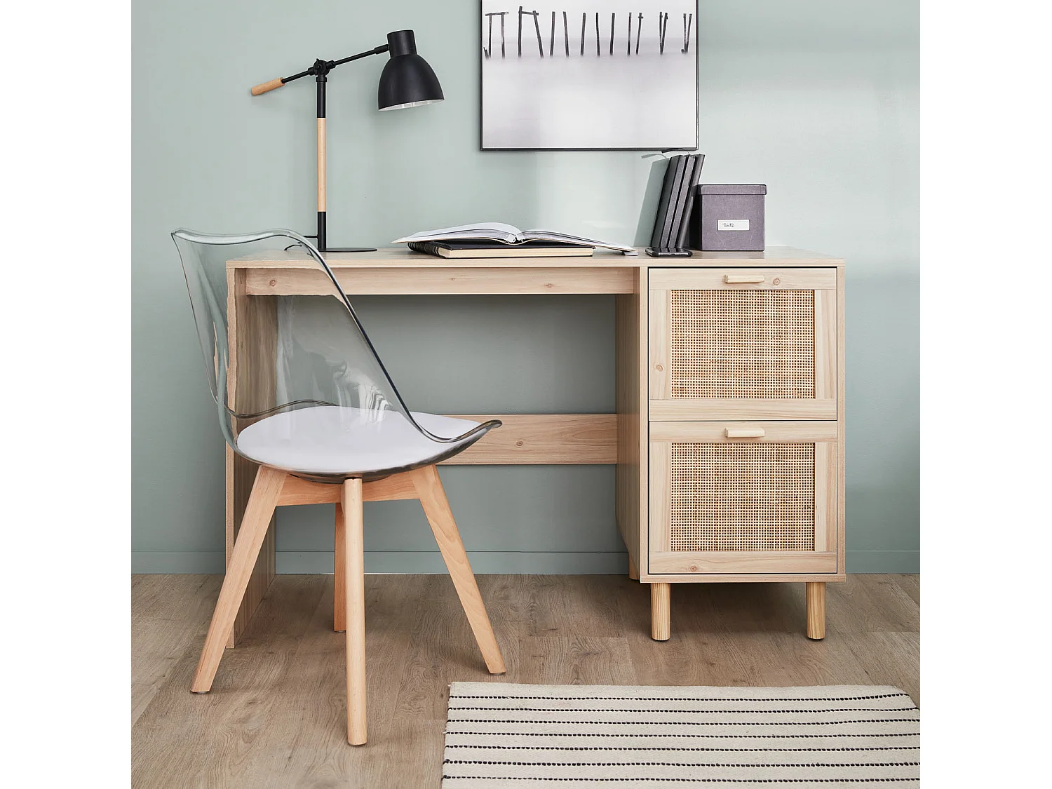 Bureau décor bois et cannage - Camargue - 120cm. 2 tiroirs