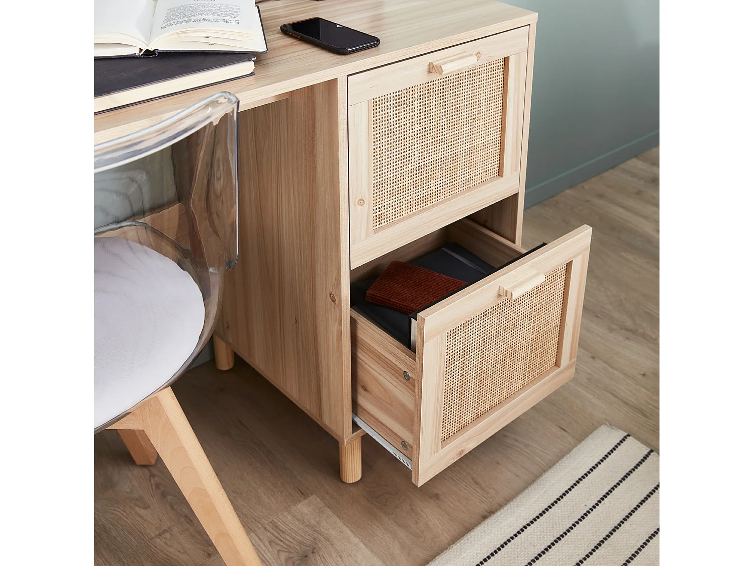 Bureau décor bois et cannage - Camargue - 120cm. 2 tiroirs