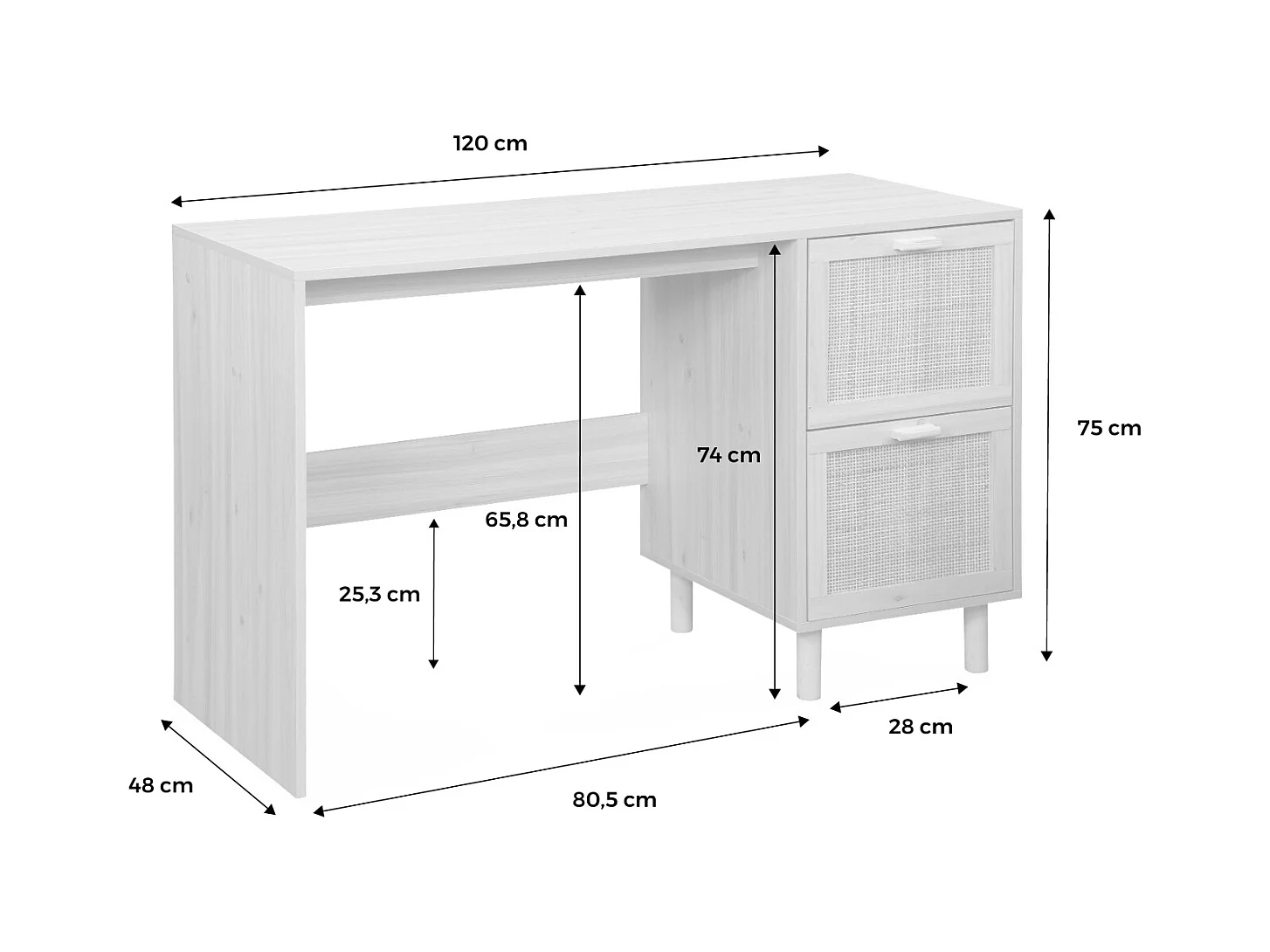 Bureau décor bois et cannage - Camargue - 120cm. 2 tiroirs