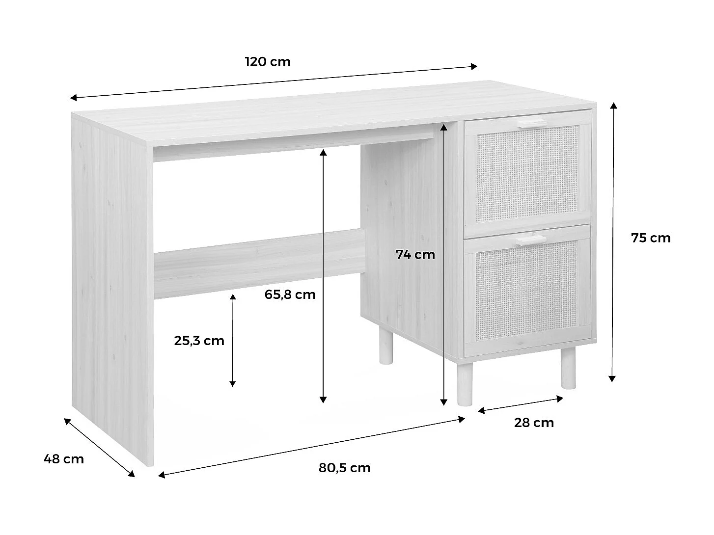 Bureau décor bois et cannage - Camargue - 120cm. 2 tiroirs