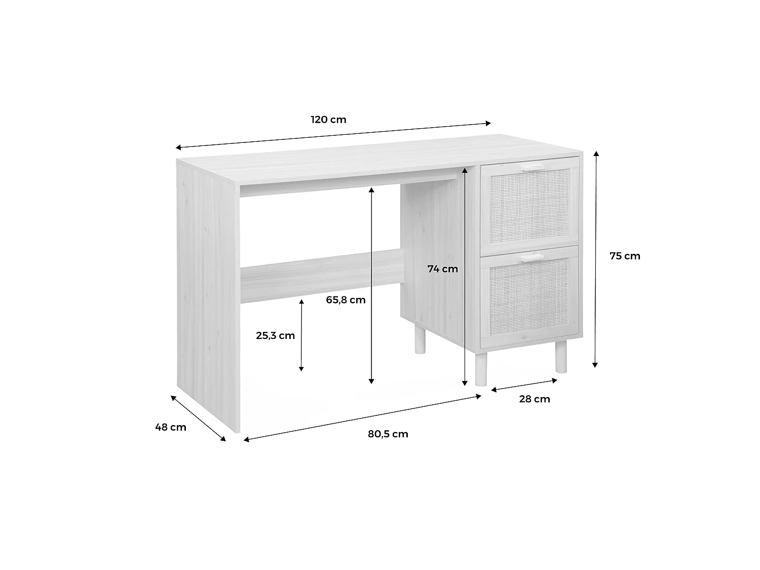 Scrivania in canna e legno 2 cassetti, Camargue, Marrone naturale, 120x48x75 cm