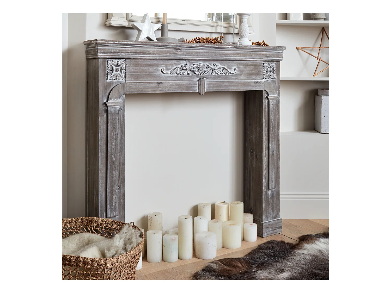 Manteau de cheminée - Romance - décor bois gris cérusé